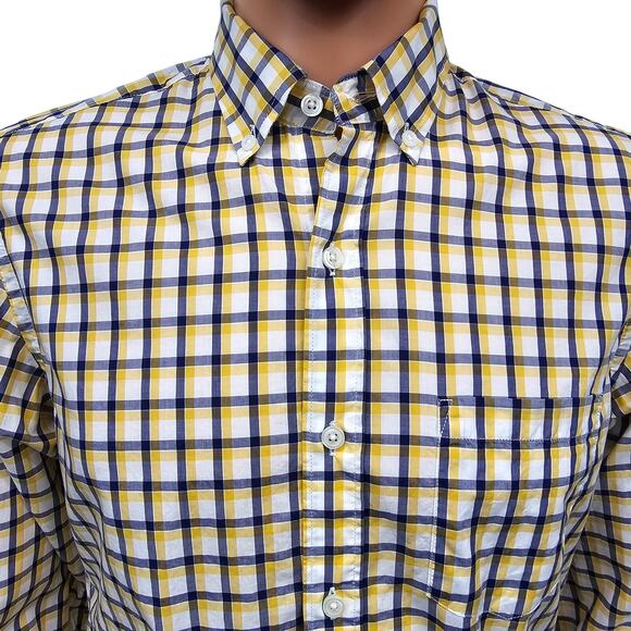J. Crew NY Light Weight Shirt Men S Button Down Yellow Navy White Check Plaid - Picture 1 of 12